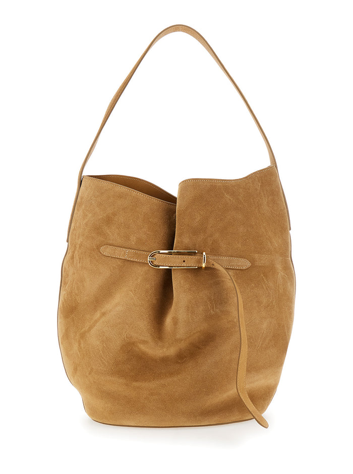Belted Bucket Beige Shoulder Bag With Belt On The Front Suede Woman Cow