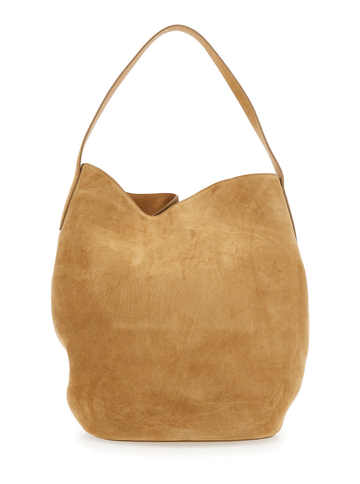 Belted Bucket Beige Shoulder Bag With Belt On The Front Suede Woman Cow