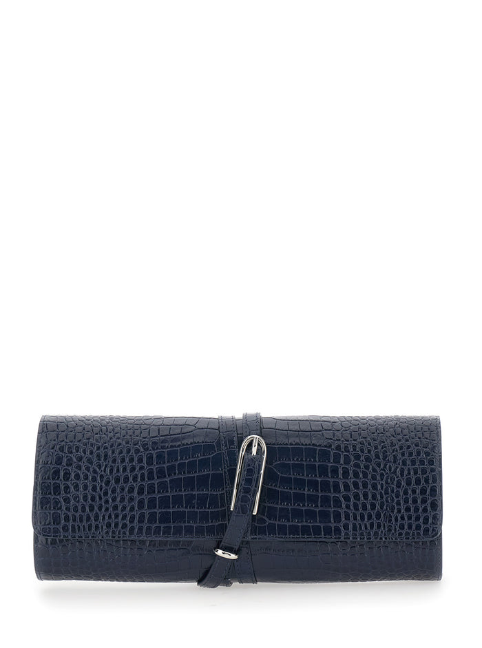 Blue Clutch With Belt Closure And Crocodile Effect Leather Woman Blu Embossed Calf Clutches Pochettes