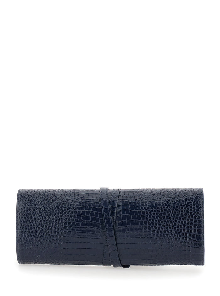 Blue Clutch With Belt Closure And Crocodile Effect Leather Woman Blu Embossed Calf Clutches Pochettes
