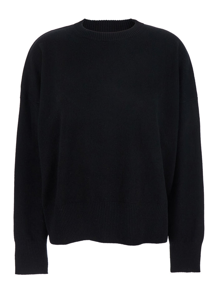 Black Crewneck Sweater with Ribbed Trims in Cashmere Woman Jersey