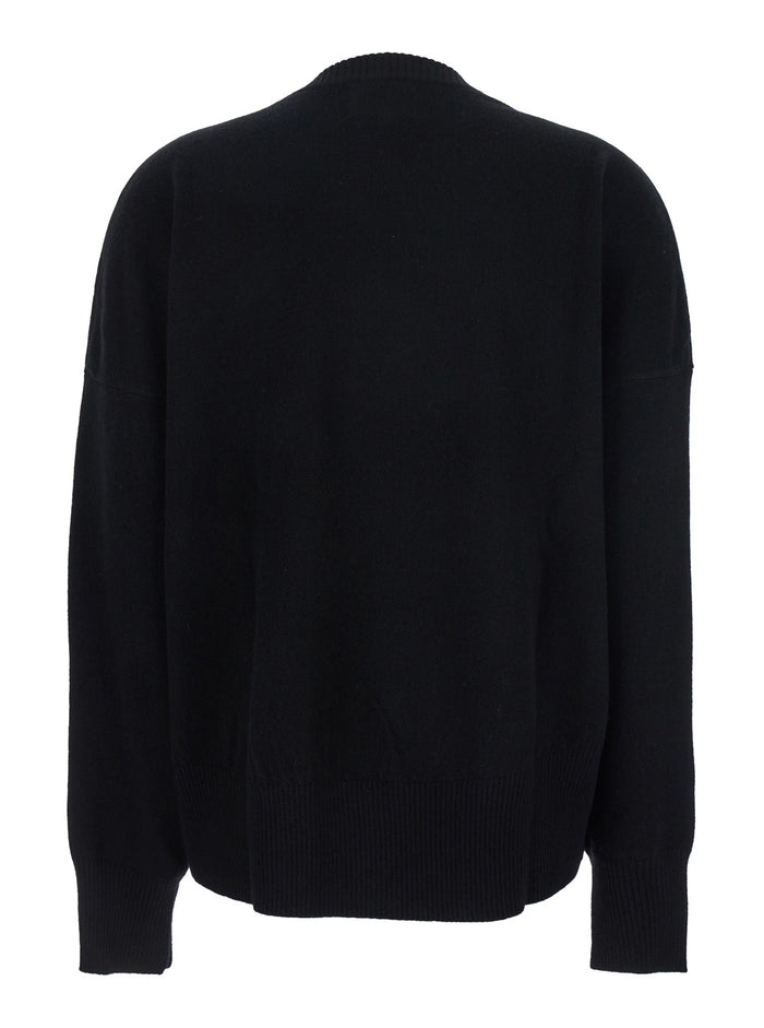 Black Crewneck Sweater with Ribbed Trims in Cashmere Woman Jersey