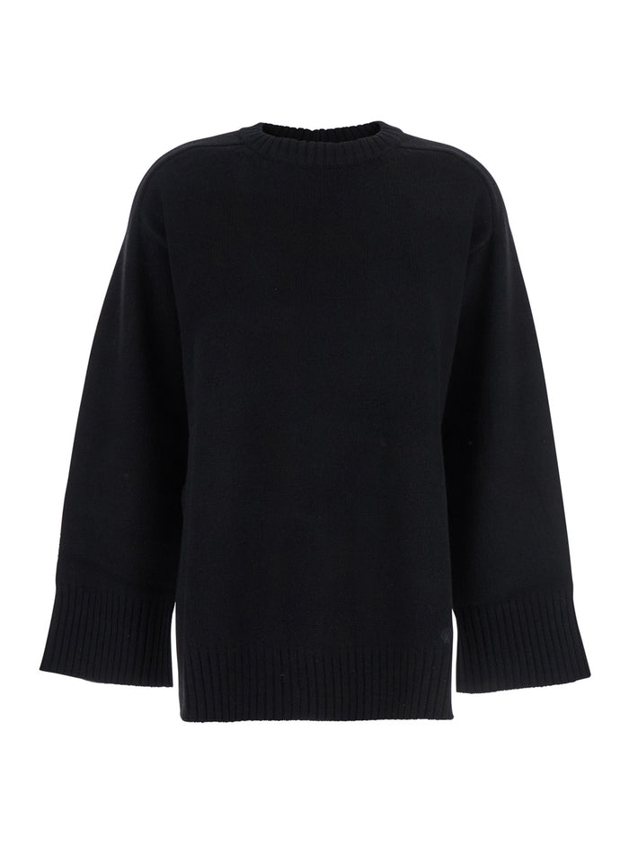 Black Crew Neck Sweater with Knitted Design in Wool Woman Cashmere Jersey