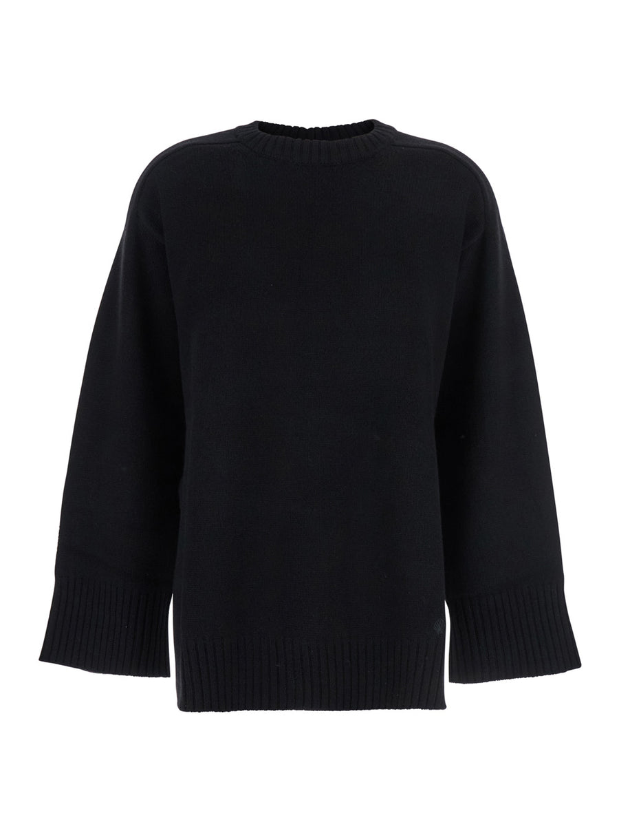 Black Crew Neck Sweater Wool Tops