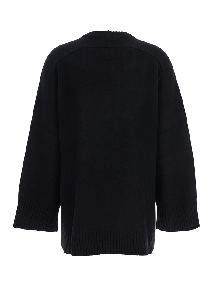 Black Crew Neck Sweater with Knitted Design in Wool Woman Cashmere Jersey