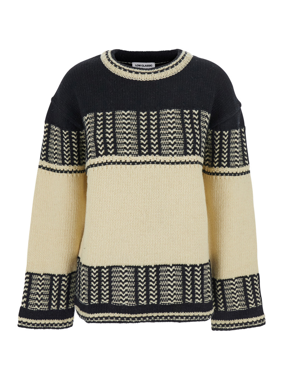 Crew Neck Sweater With All-Over Intarsia White/black Wool Tops