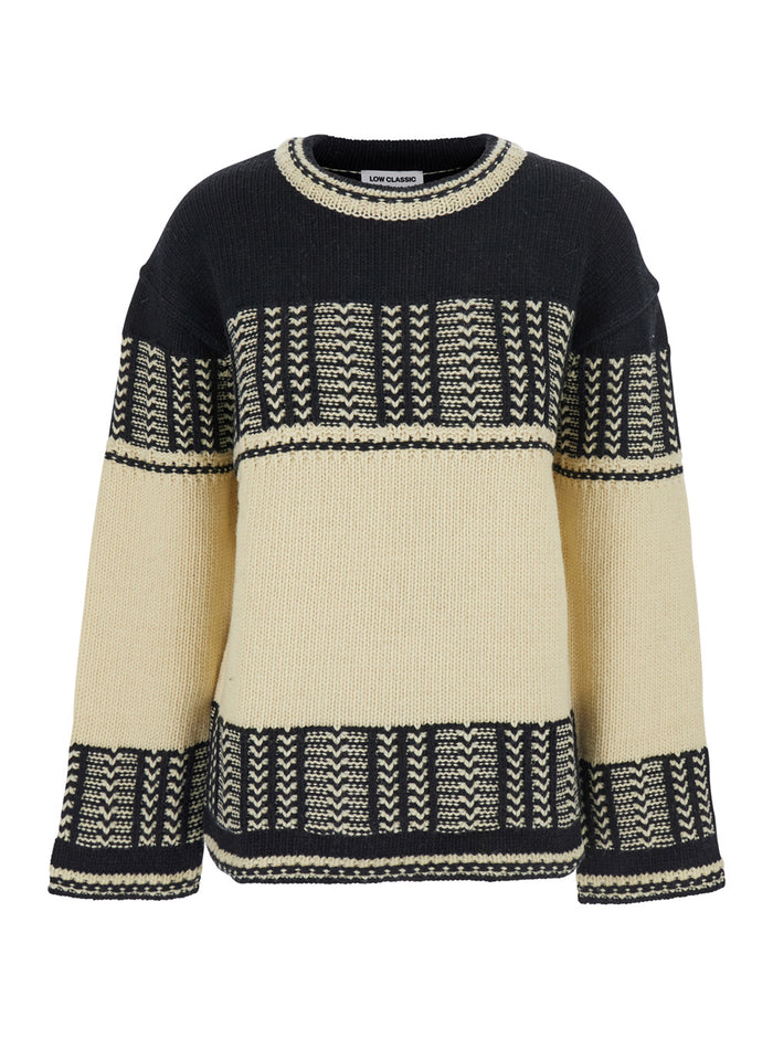 Black and White Crew Neck Sweaterwith All-Over Intarsia in Wool Woman White/black Jersey