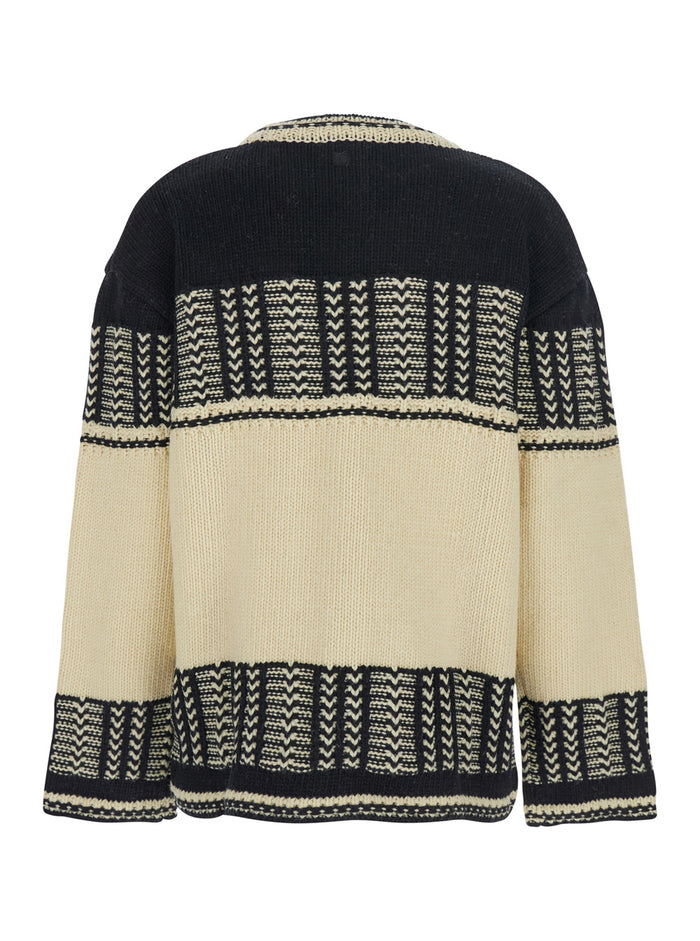Black and White Crew Neck Sweaterwith All-Over Intarsia in Wool Woman White/black Jersey
