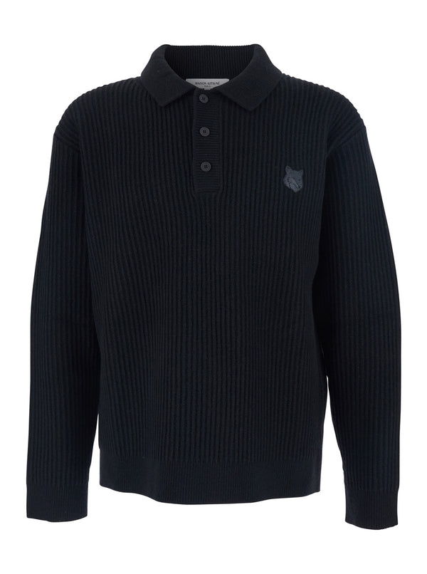 Black Ribbed Sweater With Logo Patch Wool Tops