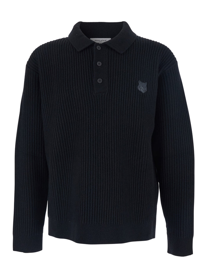 Black Ribbed Sweater with Front Logo Patch in Cotton Man Wool Jersey