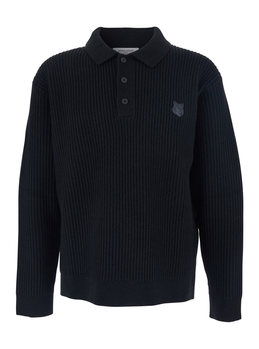 Black Ribbed Sweater With Logo Patch Wool Tops