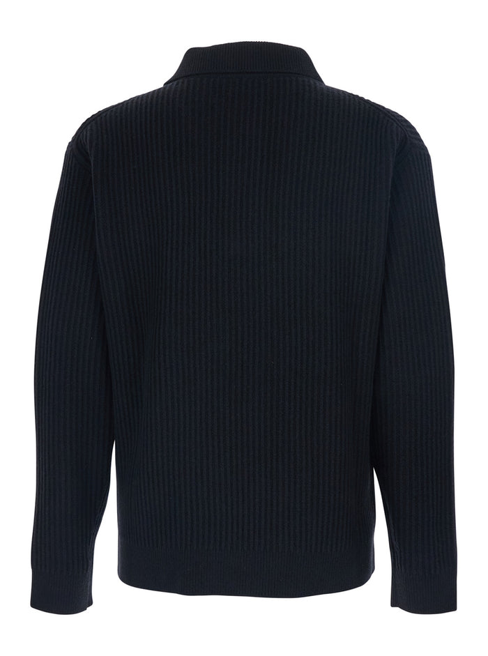 Black Ribbed Sweater with Front Logo Patch in Cotton Man Wool Jersey