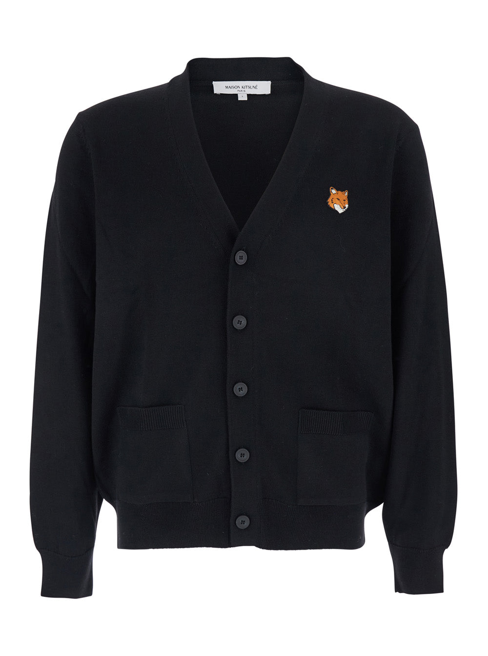 Black Cardigan With V Neck And Logo Patch On The Front Wool Man Jersey