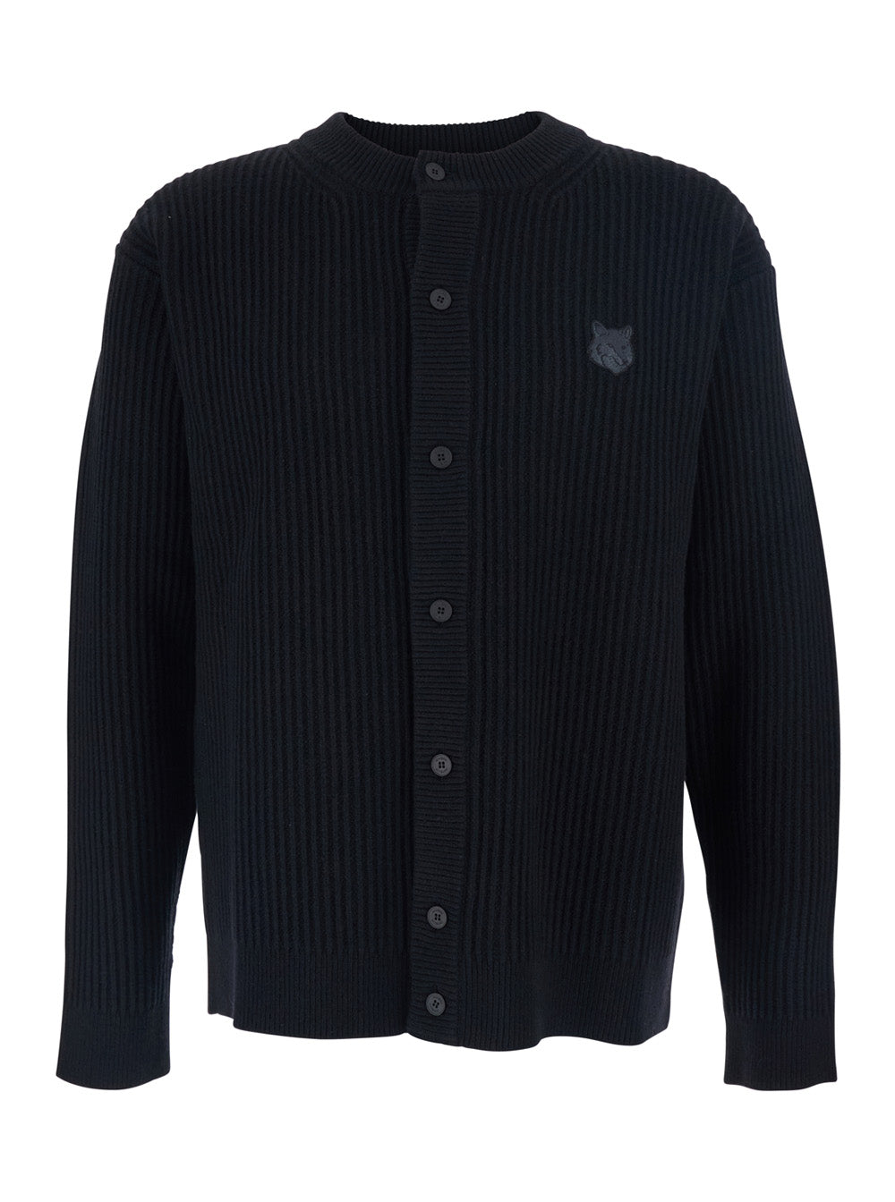 Black Ribbed Crew Neck Sweater with Front Logo Patch in Cotton Man Merino Wool Jersey