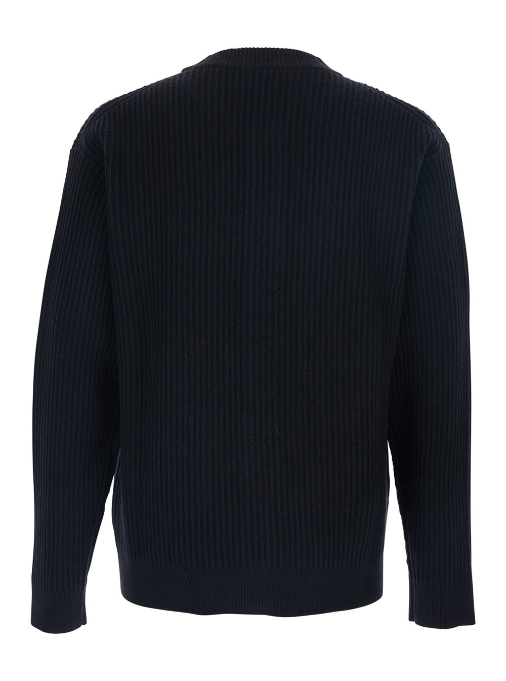 Black Ribbed Crew Neck Sweater with Front Logo Patch in Cotton Man Merino Wool Jersey