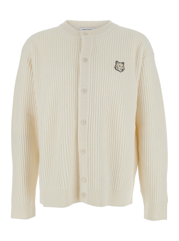 Beige Ribbed Knit Cardigan With Logo Merino Wool Tops