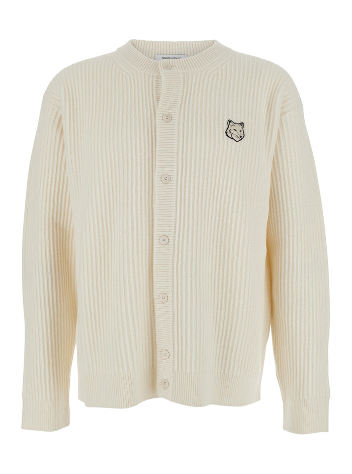 Beige Ribbed Knit Crewneck Cardigan with Logo Embroidery on the Front in Wool Man Merino Jersey