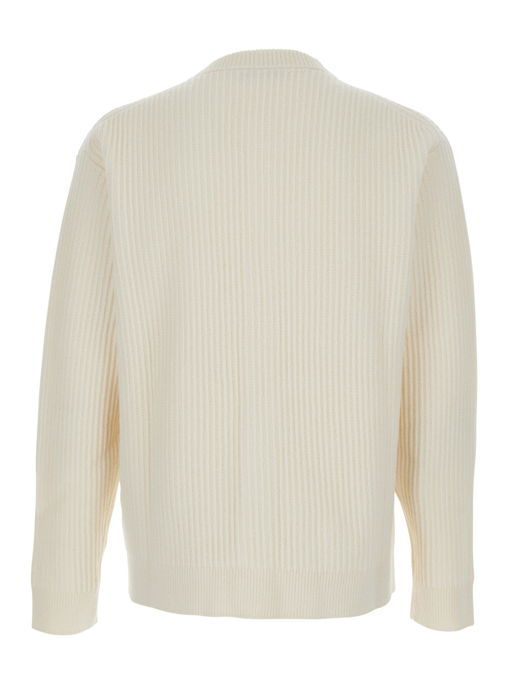Beige Ribbed Knit Crewneck Cardigan with Logo Embroidery on the Front in Wool Man Merino Jersey