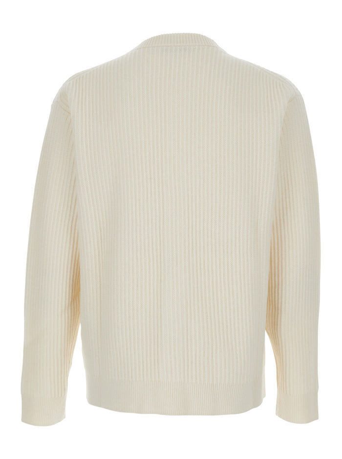 Beige Ribbed Knit Crewneck Cardigan with Logo Embroidery on the Front in Wool Man Merino Jersey