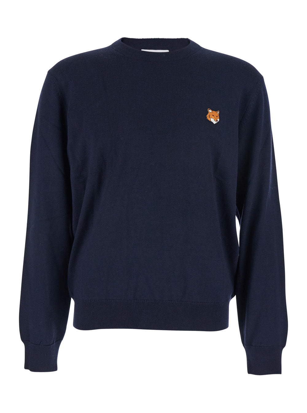Blue Crew Neck Sweater with Fox Patch on the Front in Wool Man Blu Merinos Extrafine Jersey