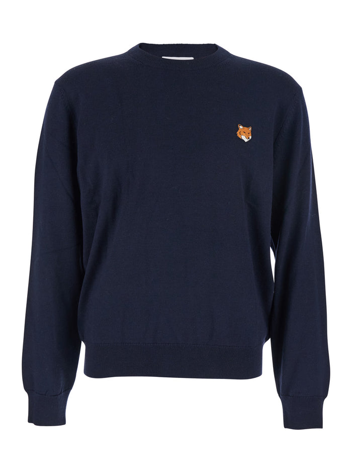 Blue Crew Neck Sweater with Fox Patch on the Front in Wool Man Blu Merinos Extrafine Jersey