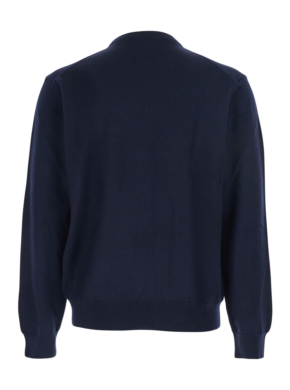 Blue Crew Neck Sweater with Fox Patch on the Front in Wool Man Blu Merinos Extrafine Jersey