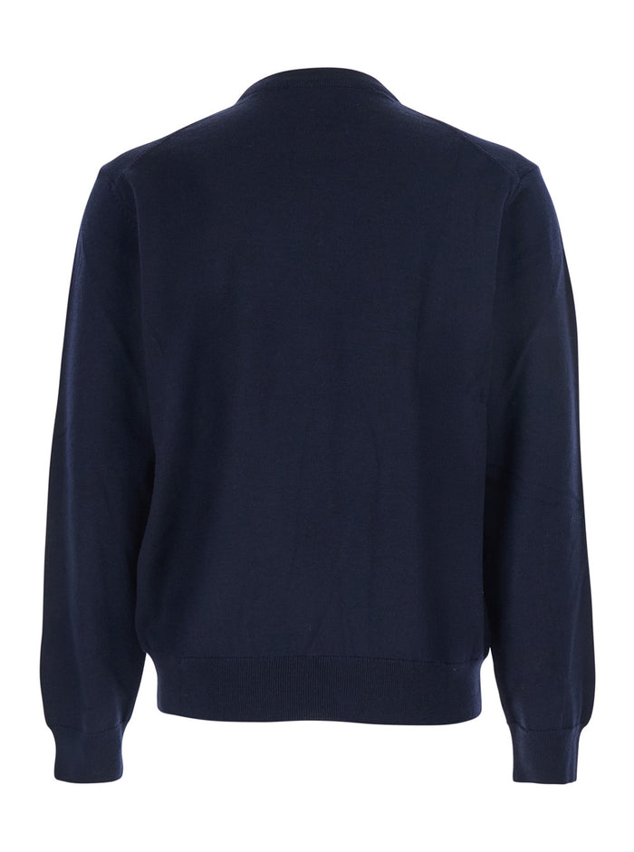 Blue Crew Neck Sweater with Fox Patch on the Front in Wool Man Blu Merinos Extrafine Jersey