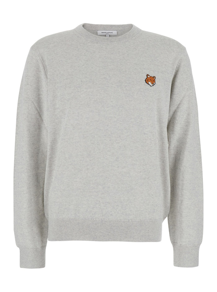 Grey Crew Neck Sweater with Fox Patch on the Front in Wool Man Merinos Extrafine Jersey