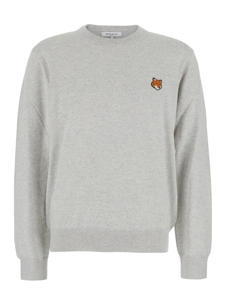 Grey Crew Neck Sweater With Fox Patch Merinos Extrafine Wool Tops