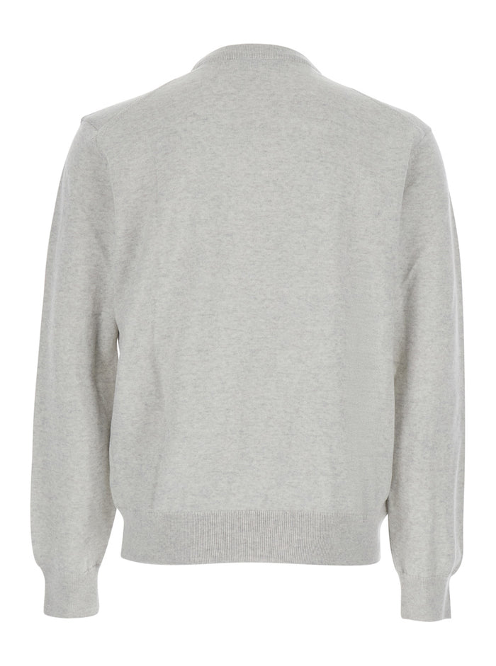 Grey Crew Neck Sweater with Fox Patch on the Front in Wool Man Merinos Extrafine Jersey