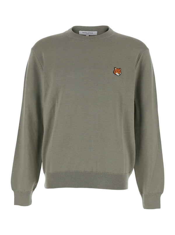 Green Crew Neck Sweater With Fox Patch Merinos Extrafine Wool Tops