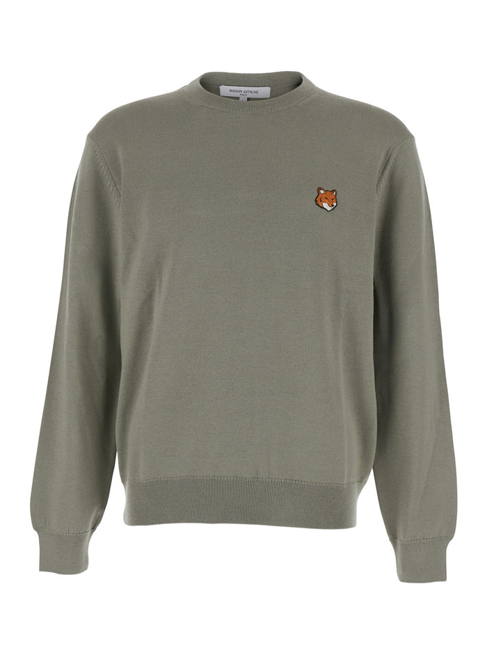 Green Crew Neck Sweater with Fox Patch on the Front in Wool Man Merinos Extrafine Jersey
