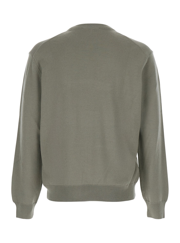 Green Crew Neck Sweater with Fox Patch on the Front in Wool Man Merinos Extrafine Jersey