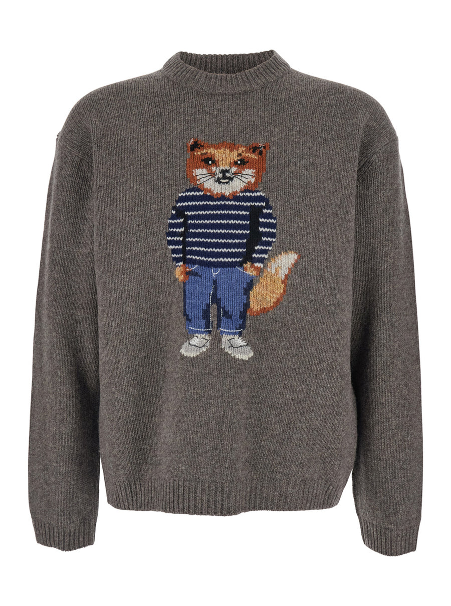 Grey Crewneck Sweater With Logo Embroidery Wool Tops