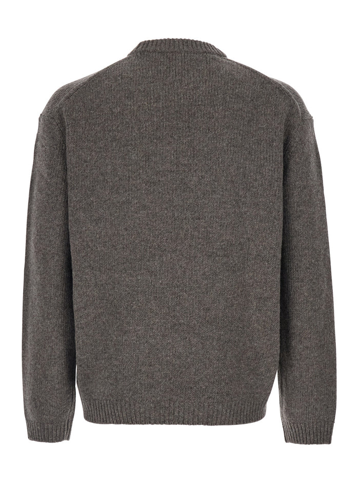 Grey Crewneck Sweater with Logo Embroidery on the Front in Wool Blend Man Jersey