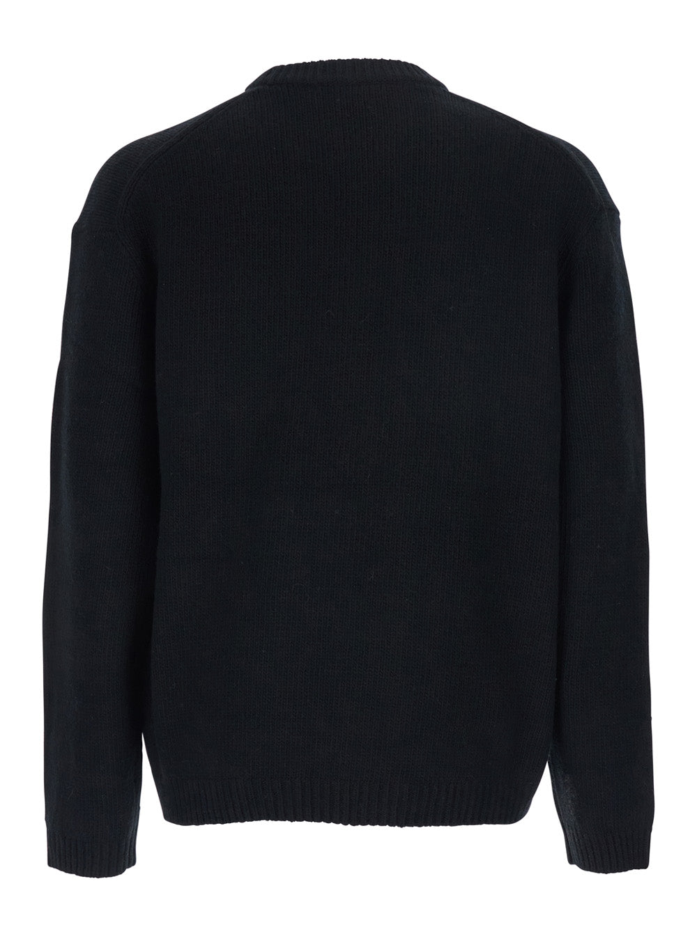 Black Crewneck Sweater with Logo Embroidery on the Front in Wool Blend Man Jersey