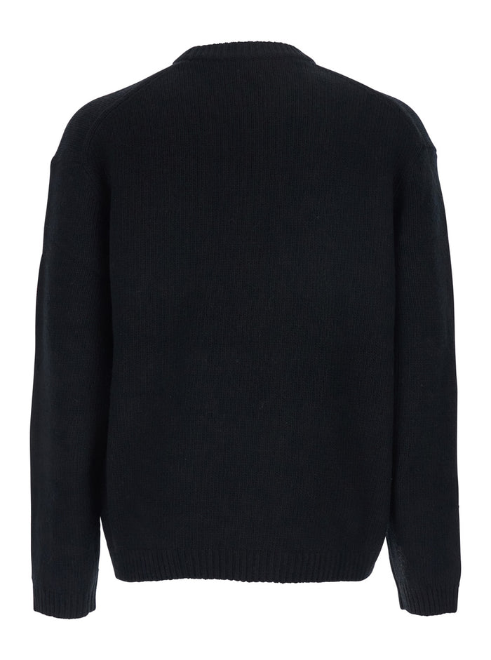 Black Crewneck Sweater with Logo Embroidery on the Front in Wool Blend Man Jersey