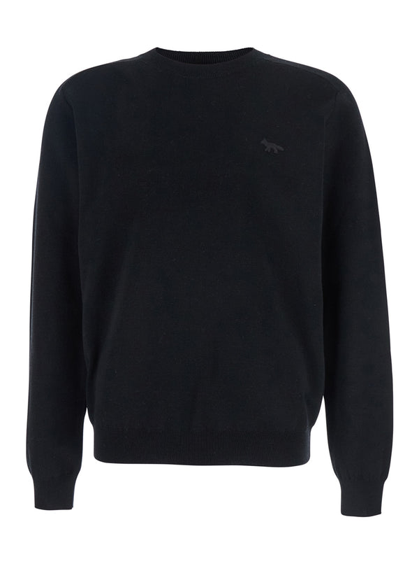 Black Crew Neck Sweater With Fox Patch Merinos Extrafine Wool Tops