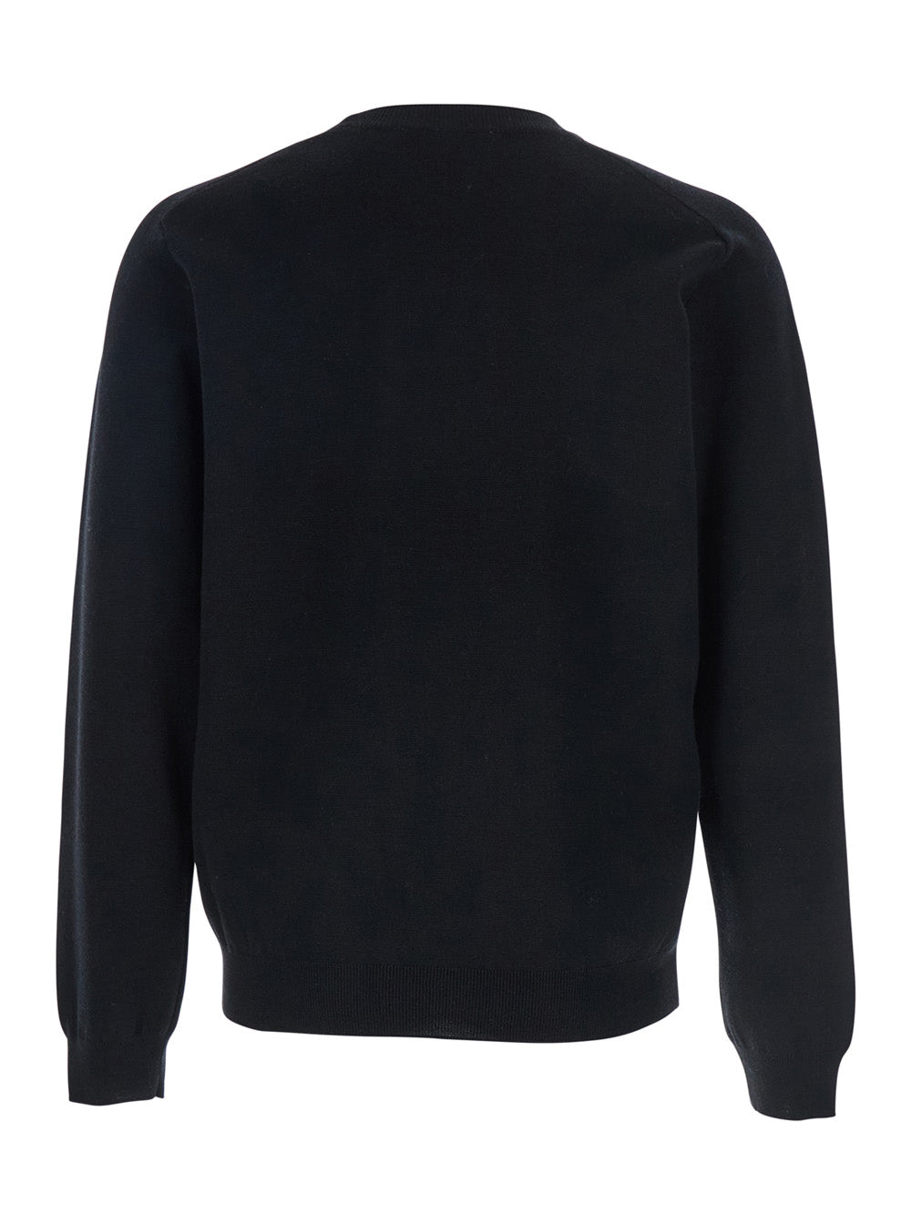 Black Crew Neck Sweater with Fox Patch on the Front in Wool Man Merinos Extrafine Jersey