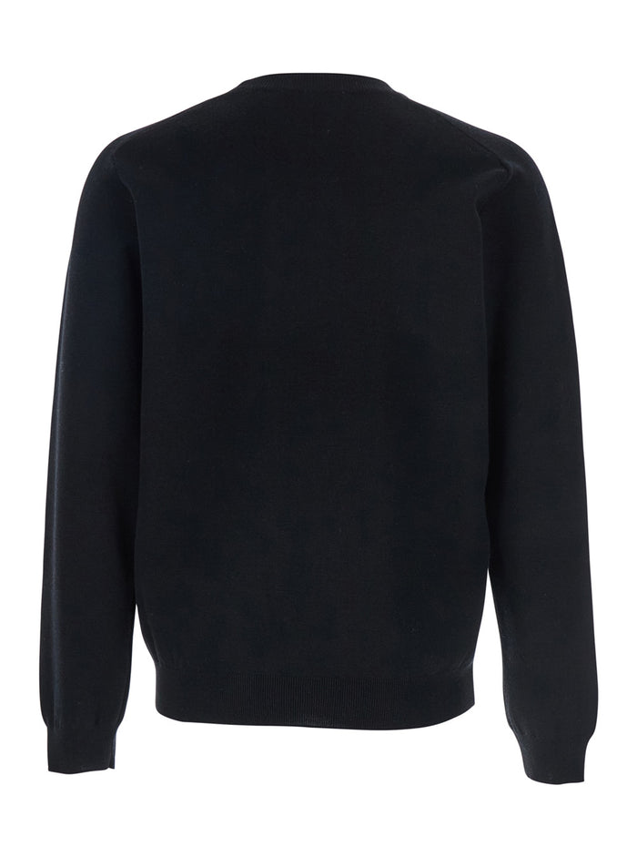 Black Crew Neck Sweater with Fox Patch on the Front in Wool Man Merinos Extrafine Jersey