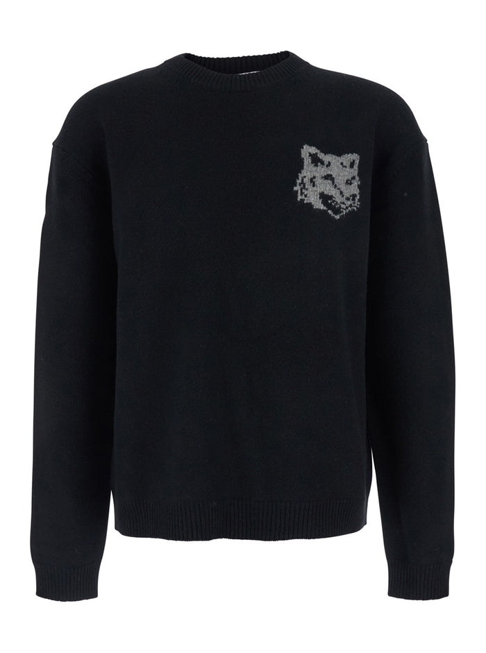 Black Crewneck Sweater with Dropped Shoulders and Logo Embroidery on the Front in Wool Man Merinos Extrafine Jersey