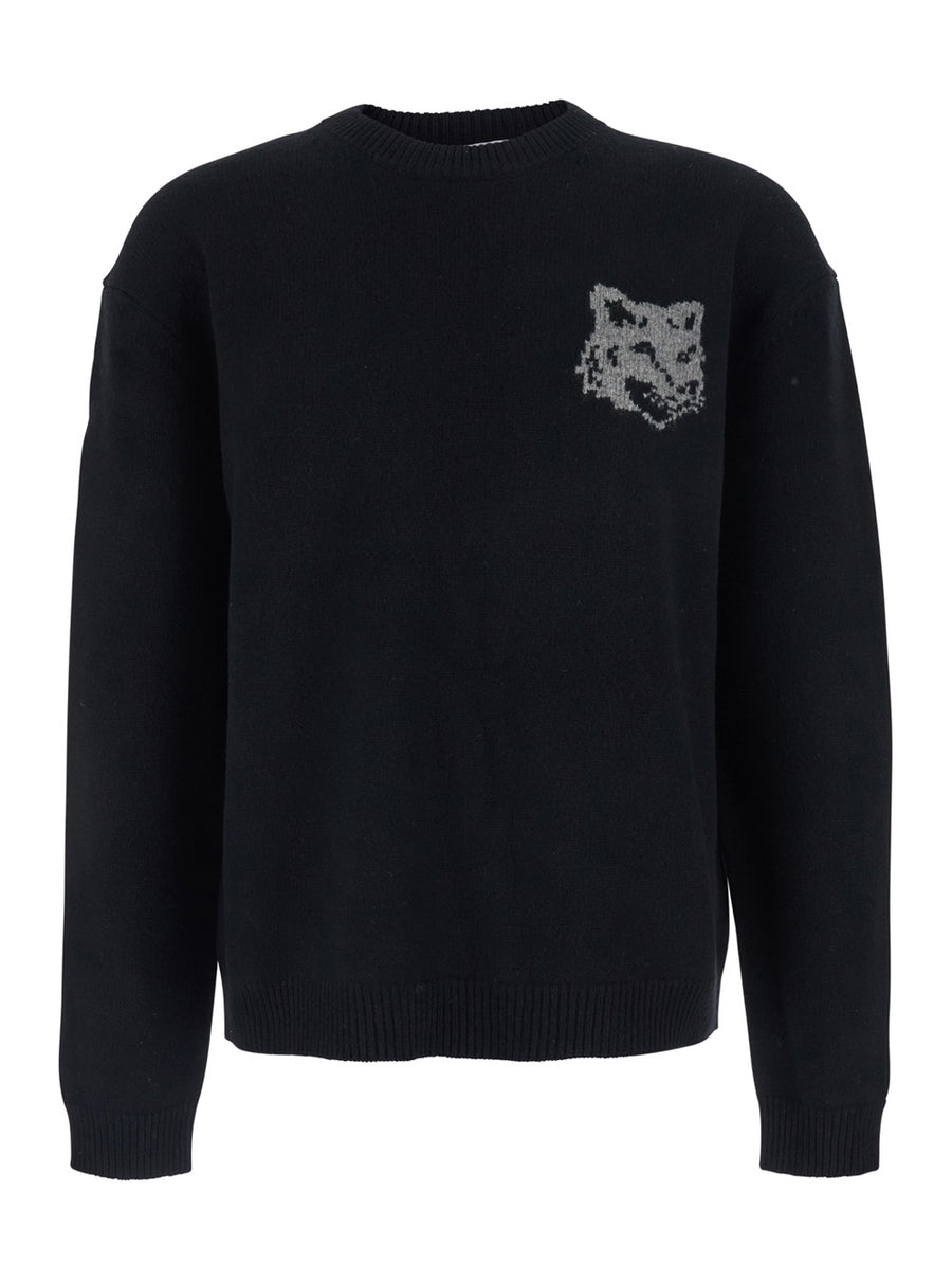 Black Crewneck Sweater With Logo Embroidery Merinos Extrafine Wool Tops