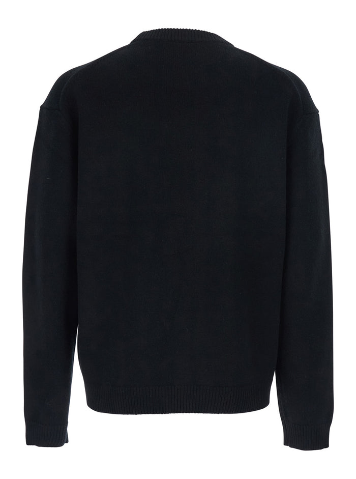 Black Crewneck Sweater with Dropped Shoulders and Logo Embroidery on the Front in Wool Man Merinos Extrafine Jersey