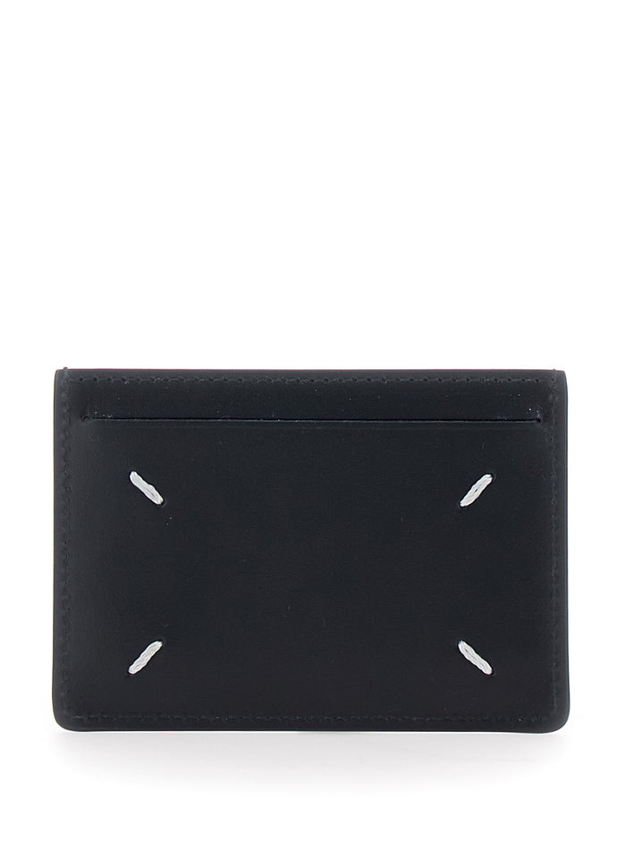 Back Card holder with Four Stitches on the in Black Leather for Women Calf Products