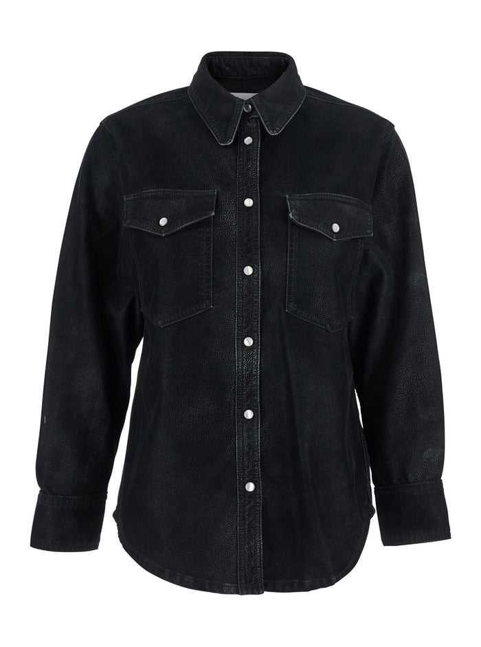 Karima Black Shirt with Classic Collar and Two Front Patch Pockets in Fabric Woman Blouses