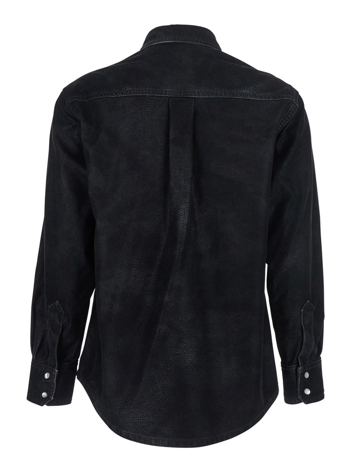 Karima Black Shirt with Classic Collar and Two Front Patch Pockets in Fabric Woman Blouses