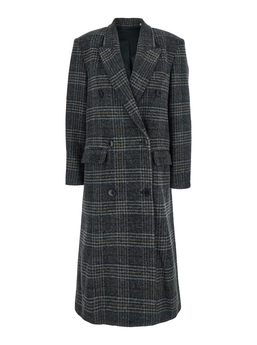 Grey Double-Breasted Coat With Check Motif Wool