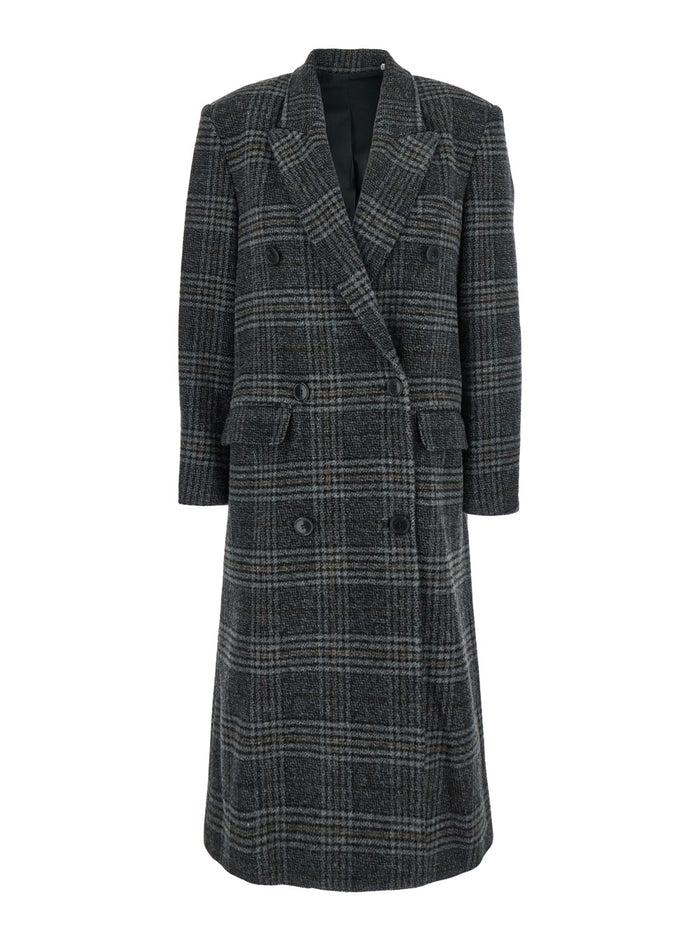 Lexana Grey Double-Breasted Coat with Peak Revers and All-Over Check Motif in Wool Woman Outerwear