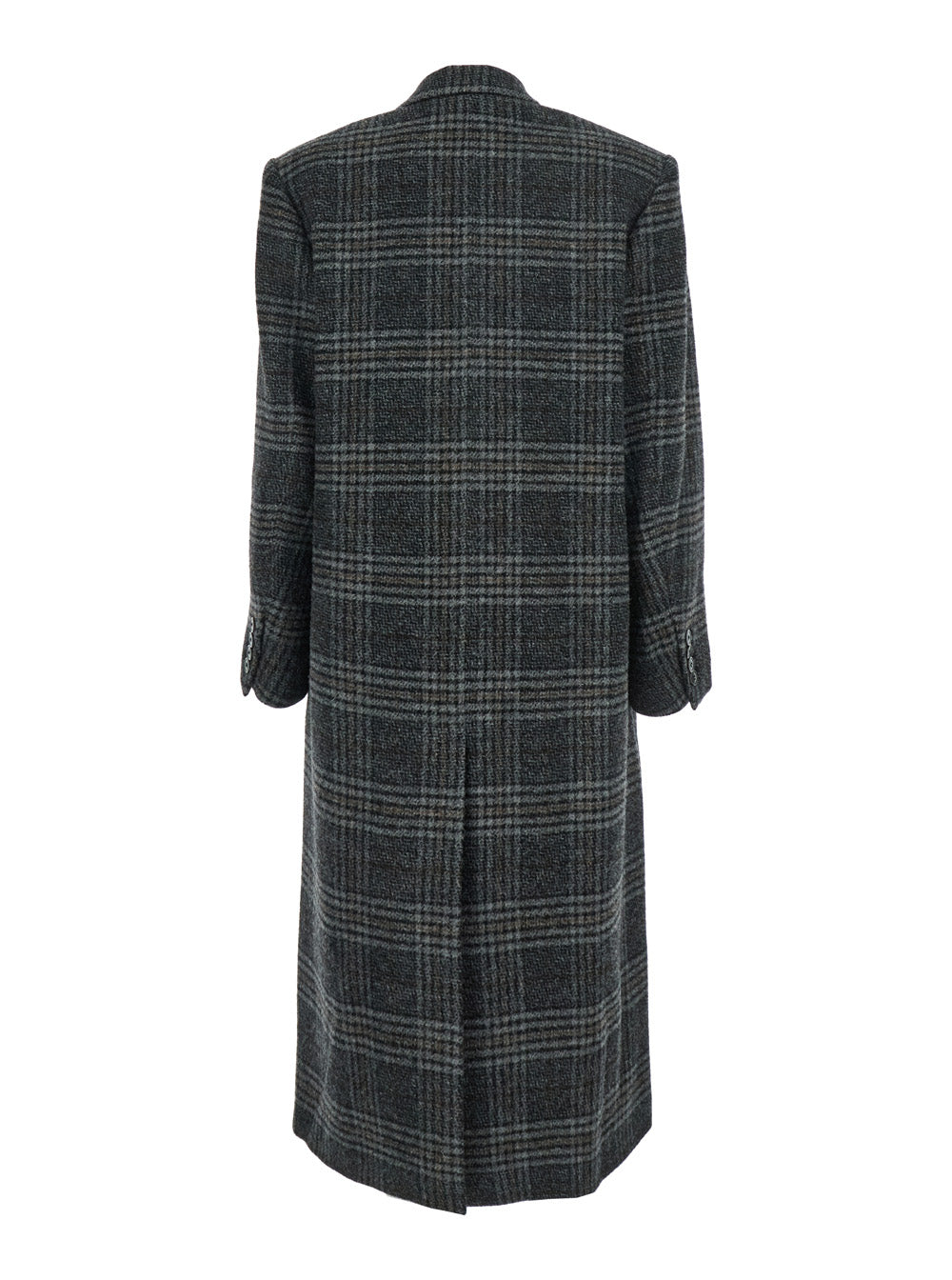Lexana Grey Double-Breasted Coat with Peak Revers and All-Over Check Motif in Wool Woman Outerwear
