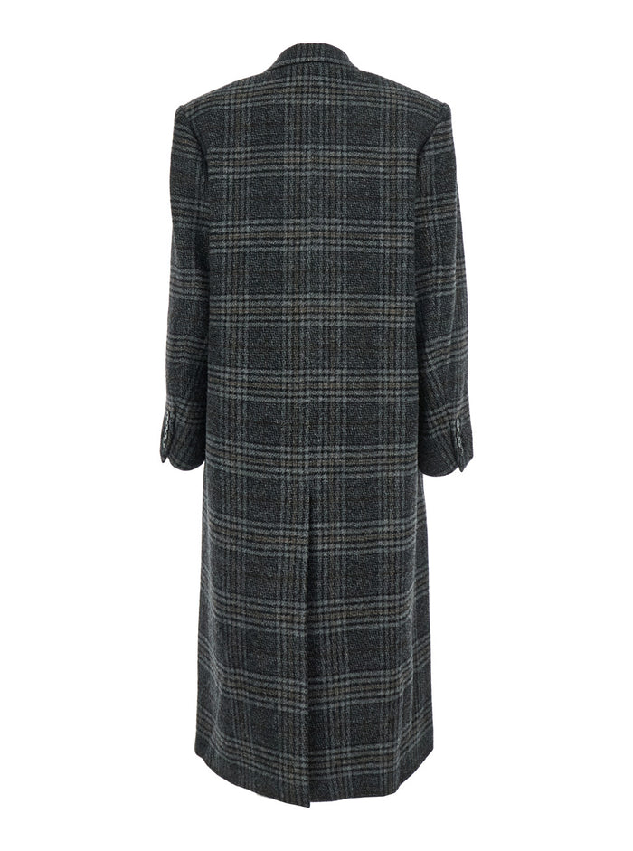 Lexana Grey Double-Breasted Coat with Peak Revers and All-Over Check Motif in Wool Woman Outerwear